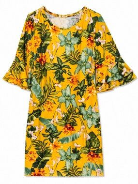 Yellow Tropical Print Mini Dress with Ruffle Sleeves